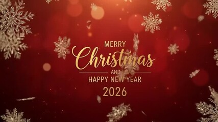 Golden snowflakes and bokeh lights adorn a rich red background, wishing a merry christmas and happy new year 2026 with elegant typography - Powered by Adobe