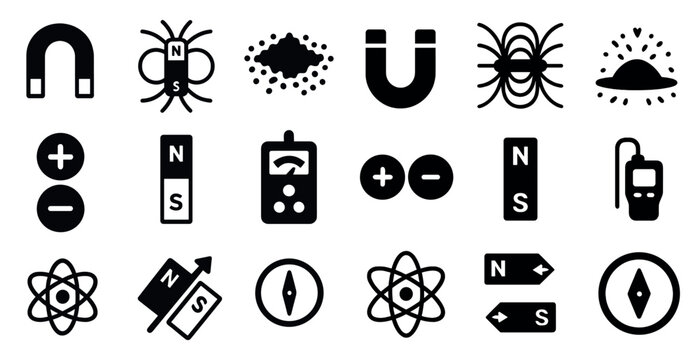Science and magnetism icons set – silhouette style, physics and research symbols