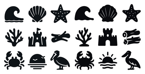 Fototapeta premium Beach and ocean silhouette icons set – filled, solid, marine and seaside symbols