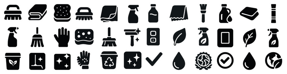 Fototapeta premium Cleaning and hygiene solid icons set – flat, filled, sanitation and housekeeping symbols