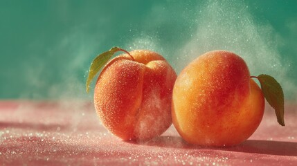 Juicy apricot with fine mist on clean tabletop
