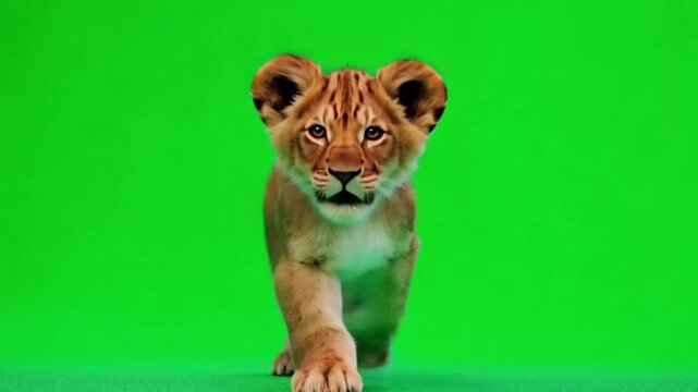 Lion cub walking towards the camera on a green screen looking curious and playful in studio shot green screen animal video