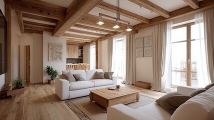 warm wooden textures in living room, exposed beams, wooden floor, wooden furniture, soft lighting