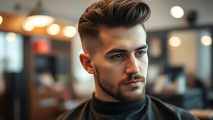 A professional barber focused on hairstyling, captured in a clean composition with warm side lighting.