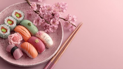 Minimalistic sushi platter with elegant clean background