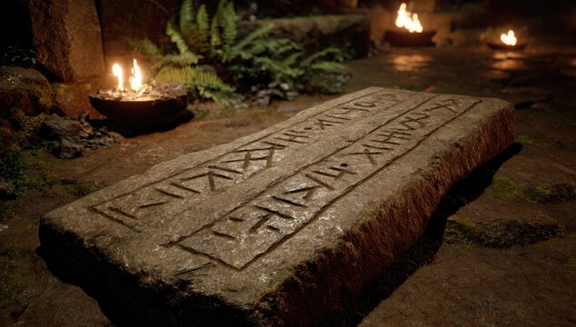 Ancient stone slab etched with unknown script, bathed in warm candlelight - Powered by Adobe