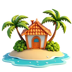 3d Cartoon house on a sandy island with palm trees and bushes isolated on transparent background