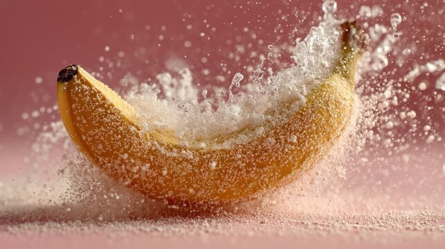 Single banana with water spray effect, minimal backdrop