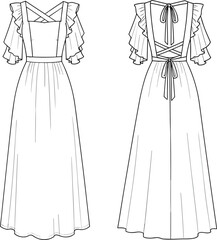 Ruffle Sleeve Dress, Maxi Dress CAD, Fashion Technical Drawing, Digital Dress Template, Crisscross Back Dress, Sewing Pattern Vector