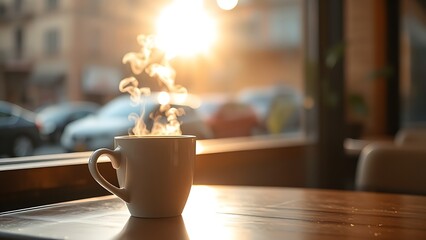 A steaming cup of coffee on a cafe table, warmed by morning sunlight.