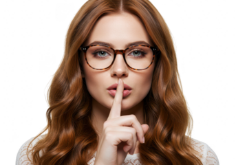 A beautiful woman with red hair and glasses is holding a finger to her lips for