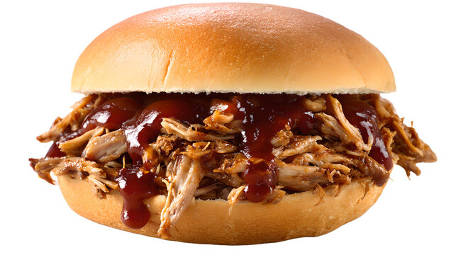 pulled pork bbq burger sandwich on transparent background