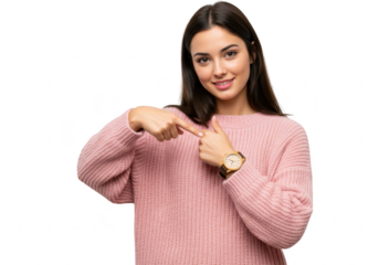 A young woman in a pink sweater is pointing at her wristwatch on a transparent
