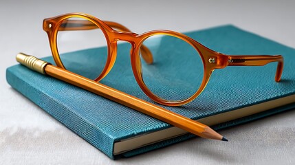 Reading glasses and pencil on a teal blue book