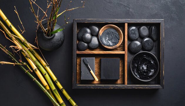 Black Skincare Flat Lay with Charcoal Mask and Japandi Pot of Bamboo