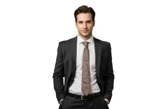 A young businessman in a suit and tie is posing confidently with his hands in his