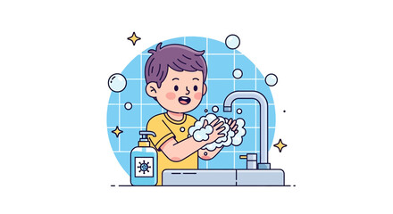Adobe illustrator artwork vector illustration of a boy washing hands with soap under running water, promoting hygiene, cleanliness, and health awareness for educational and healthcare visuals.