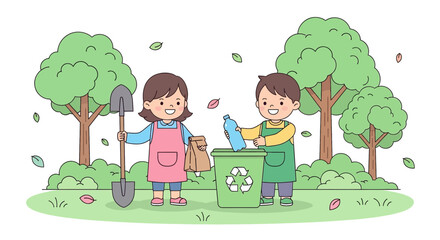 Obraz premium Adobe illustrator artwork vector illustration of kids recycling and gardening outdoors, promoting eco-friendly habits, nature conservation, and environmental responsibility for educational campaigns.