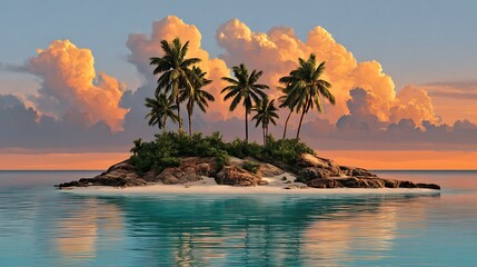 Tropical island paradise at sunset with palm trees and dramatic clouds