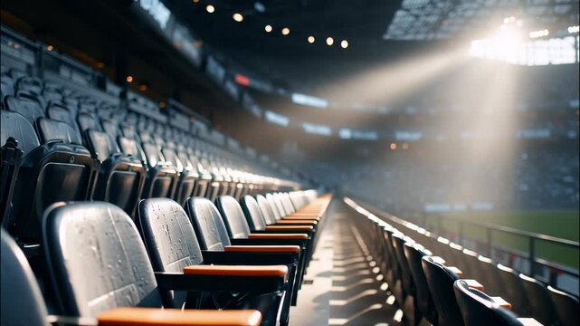 Raindrops dramatic on empty stadium seats, reflecting light with glistening intensity, competition upcoming anticipating athletic video 4k