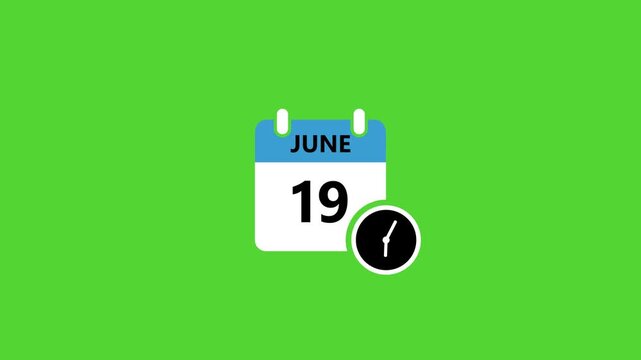 Abstract calendar icon June 19 with clock icon animation isolated on green background