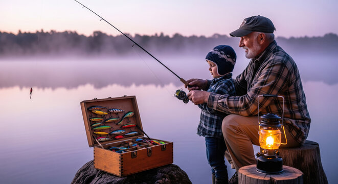 Grandfather and Grandson Fishing at Dawn. A heartwarming scene shows a grandfather and his grandson fishing together at the edge of a misty lake at dawn.