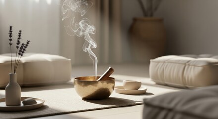 Meditation Room Still Life. A peaceful, soft-lit scene of a meditation space. A golden singing bowl is the central focus, with smoke rising from a lit incense stick inside. 