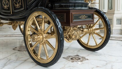 Close-up of ornate carriage wheels