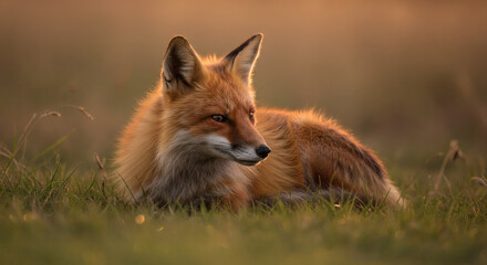 A wild red fox lying serenely in a grassy field, bathed in the warm glow of the golden hour sunset.