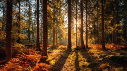 The enchanting autumn forest bathed in golden sunlight and shadows.