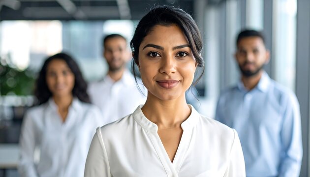 Confident indian businesswoman leading diverse team in modern office environment - Powered by Adobe