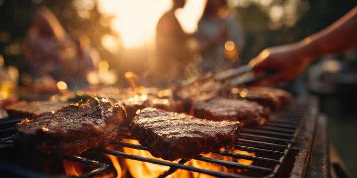 The mouthwatering steaks sizzling over the grill during a sunny outdoor gathering.