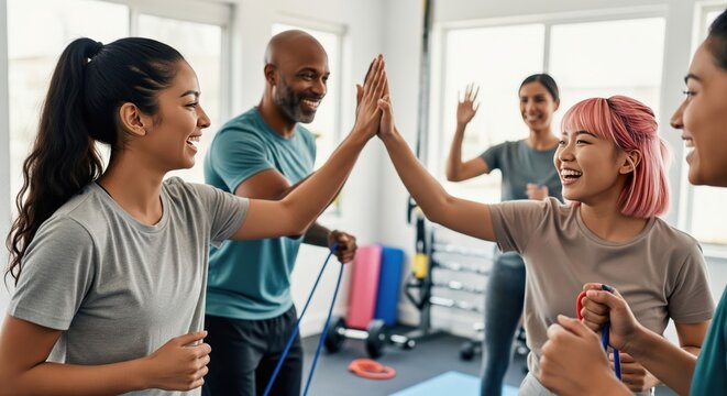 Group High-Five at Fitness Class. A diverse group of people at a fitness class are giving each other high-fives and smiling. There are yoga mats and fitness equipment in the background.