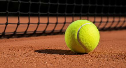 Ttennis ball on a clay court near the net, highlighting the texture of the surface and the anticipation of the next serve