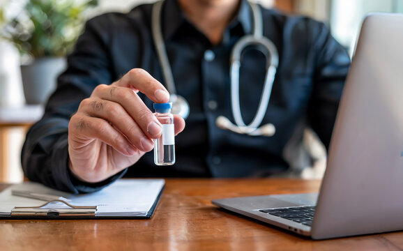 Doctor holding medicine vial for vaccination at clinic desk.