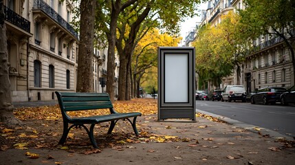 Autumn bench and billboard on a parisian street