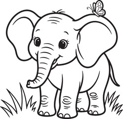 Fototapeta premium Cute Elephant with Butterfly on Ear in Grass