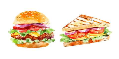Watercolor hand drawn illustration of hamburger and sandwich set. 4th of July Independence Day of America symbol. Painted isolated food menu design