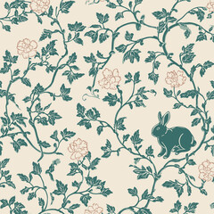 Oriental Rabbit and Vine Pattern &ndash; Traditional Korean Folklore Motif