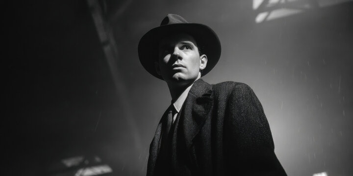 Mysterious Encounter: A noir-esque figure, bathed in dramatic lighting, projects an aura of intrigue. His posture and gaze hint at a tale yet untold.