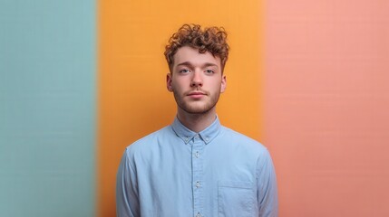 Obraz premium Stylish Young Man Posing Against Colorful Background in Modern Portrait Photography