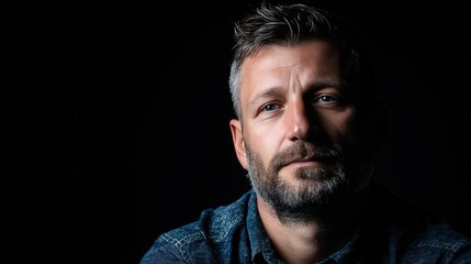 Fototapeta premium Portrait of a Thoughtful Man with a Beard Against a Dark Background