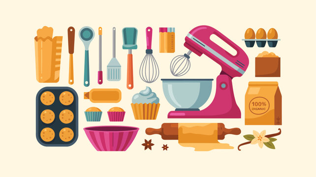 Flat vector illustration of colorful baking tools and ingredients including a pink stand mixer muffin tin cupcakes measuring cups spoons