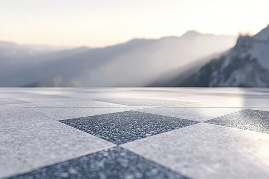 Checkered stone floor against a hazy mountain backdrop, conveying serenity and spaciousness.
