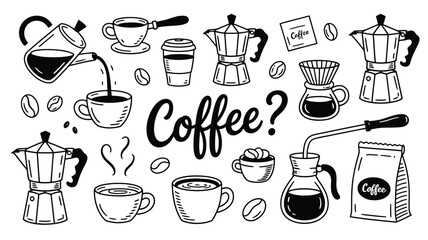 Hand Drawn Black and White Coffee Theme Collection Featuring Various Coffee Makers Cups and Beans Coffee Question Mark and Coffee Bag