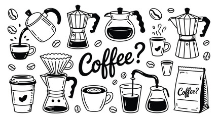 Hand Drawn Black and White Coffee Themed Illustrations Featuring Various Coffee Brewing Methods and Coffee Cups Coffee Beans and a Coffee Bag