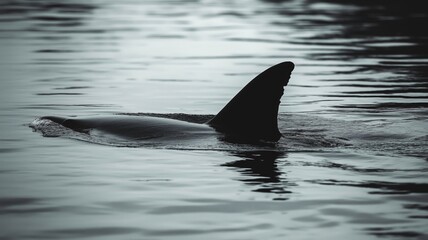 Fototapeta premium Shark fin emerges from tranquil water during dusk, creating a mysterious atmosphere.