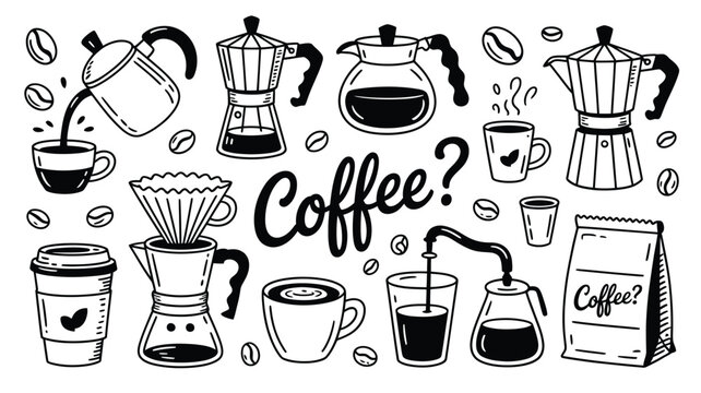 Hand Drawn Black and White Coffee Themed Illustrations Featuring Various Coffee Brewing Methods and Coffee Cups Coffee Beans and a Coffee Bag