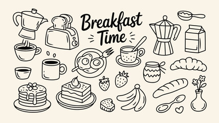 Hand Drawn Blackand White Breakfast Time Illustrations Featuring Coffee Mugs Toast Toaster Pancakes Cake Croissants Bananas Strawberriesand More