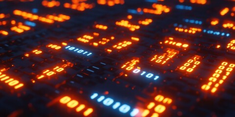 Neon digital code scattered on tech board